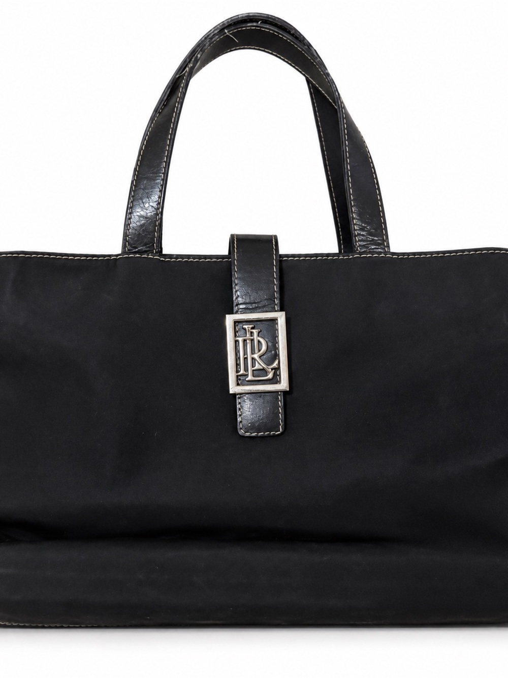 Lauren Ralph Lauren Black Nylon Tote Bag Leather Trim Silver LRL Clasp